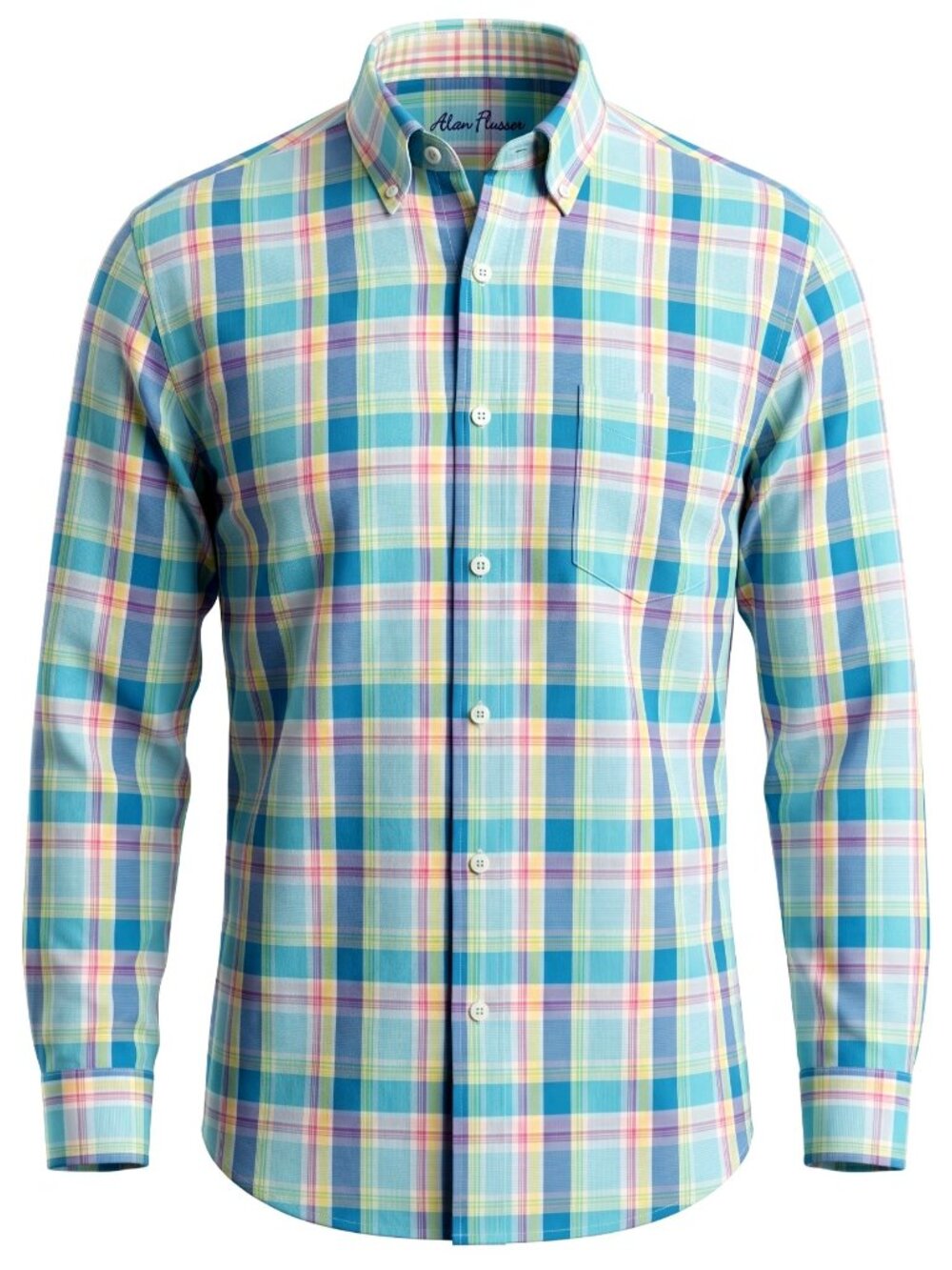 Alan Flusser Mens L Pastel Plaid Shirt 100% Cotton Long Sleeve Button Down Large